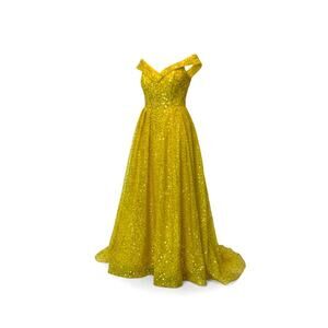 Yellow Sequin Off the Shoulder Pleated  Corset Back Formal Gown Sz 20 NWOT